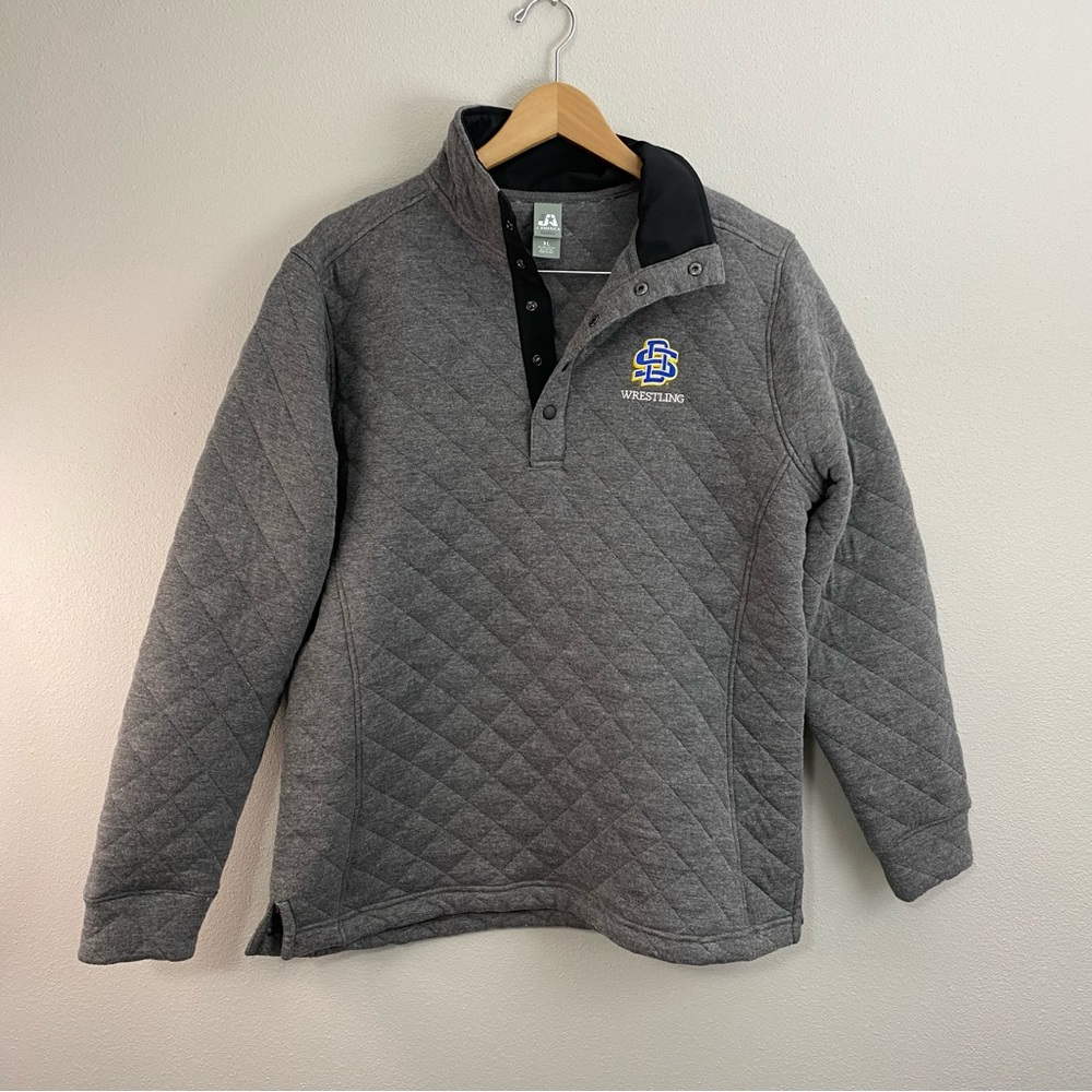J America South Dakota State Wrestling Grey Quilted 1/4 Snap Button Up Womens XL